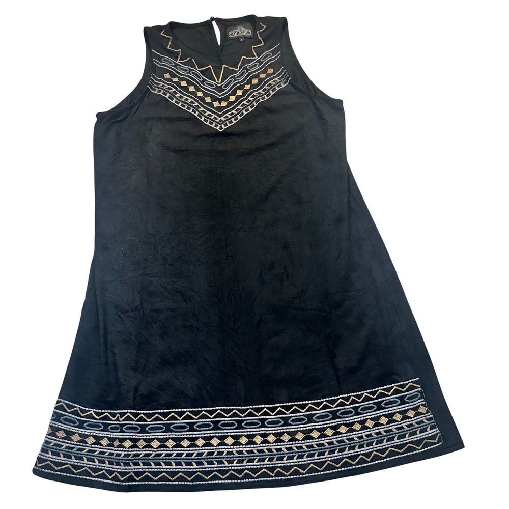 Angie Womens Black Faux Suede Embroidered Sleeveless Shift Mini Dress Size Large